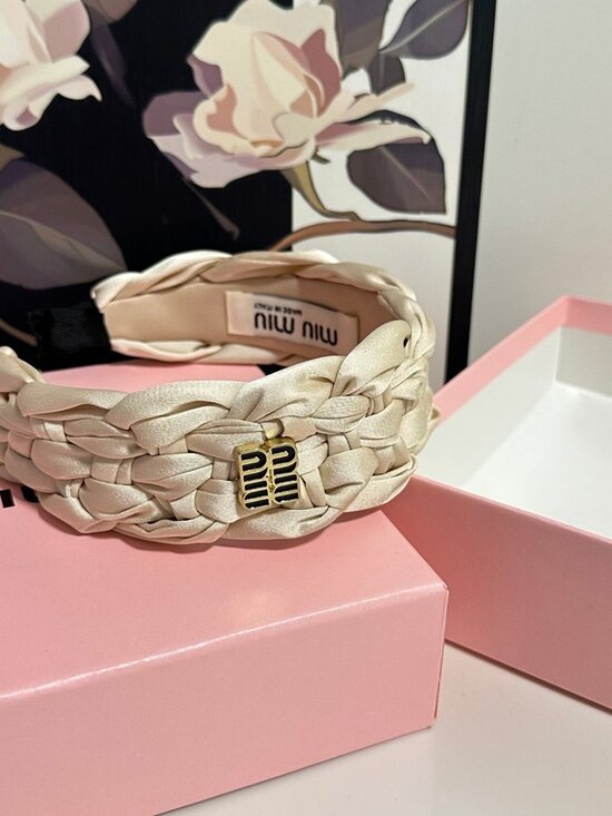 Miu Miu Cream Satin Braided Wide Headband Gold Black Enamel Square Logo Hair Ban main image 8